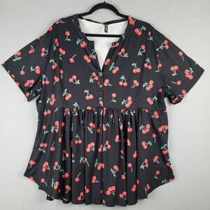 Allegrace Size 3X Cherry Print Babydoll Top Black Red Kawaii Pinup‎ Rockabilly